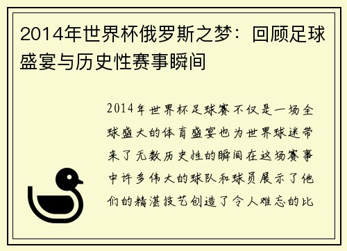 2014年世界杯俄罗斯之梦：回顾足球盛宴与历史性赛事瞬间